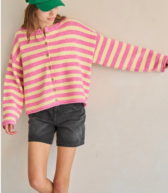 Strawberry Banana Cardigan - Pink and Yellow Striped Knit