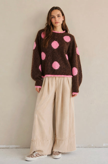 Trixie Fuzzy Pink and Brown Polka Dot Sweater