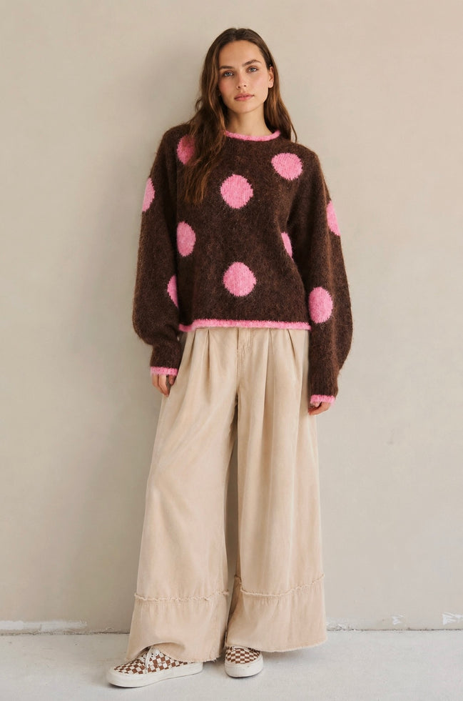 Trixie Fuzzy Pink and Brown Polka Dot Sweater