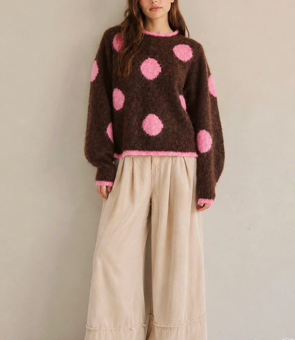 Trixie Fuzzy Pink and Brown Polka Dot Sweater