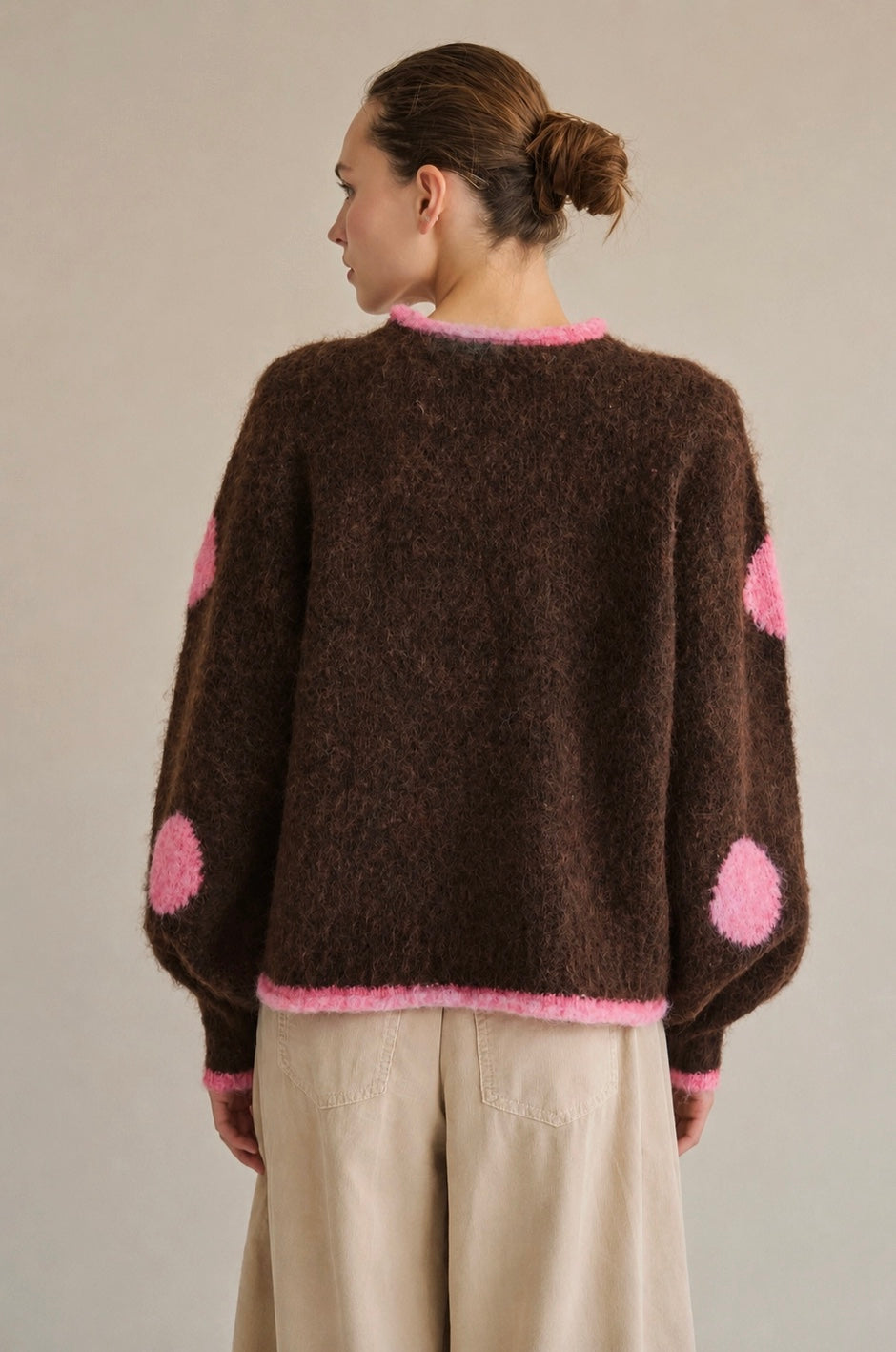 Trixie Fuzzy Pink and Brown Polka Dot Sweater