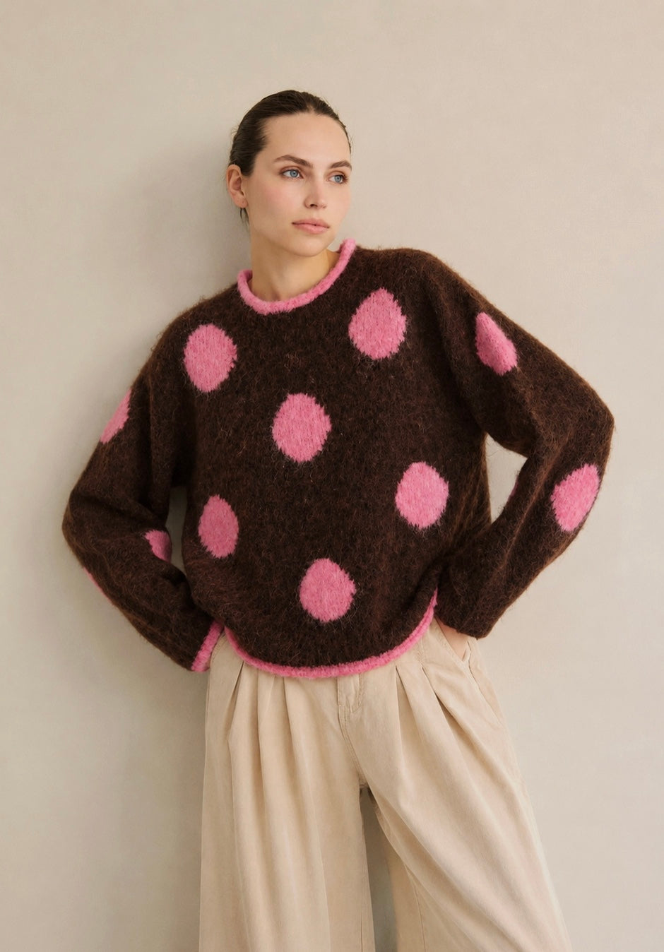Trixie Fuzzy Pink and Brown Polka Dot Sweater