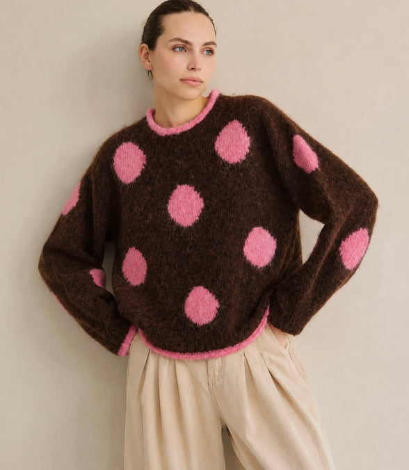 Trixie Fuzzy Pink and Brown Polka Dot Sweater