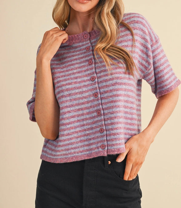 Maven Striped Short Sleeve Sweater Cardigan