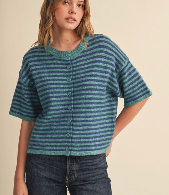 Maven Striped Short Sleeve Sweater Cardigan