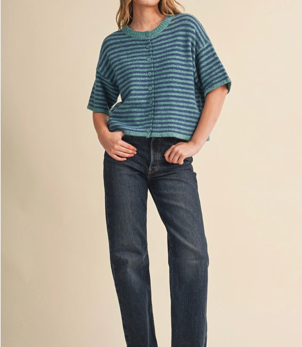 Maven Striped Short Sleeve Sweater Cardigan