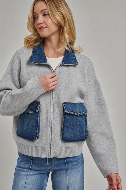 Harlow Gray Knit and Denim Zip-Up