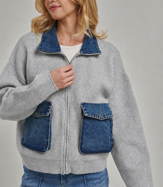 Harlow Gray Knit and Denim Zip-Up