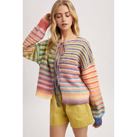 Taffy - Front Tie Rainbow Striped Cardigan