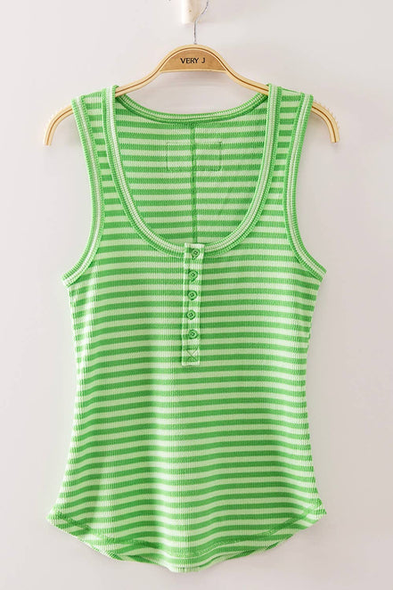 Beth - Striped Button Down Fitted Knit Tank Top