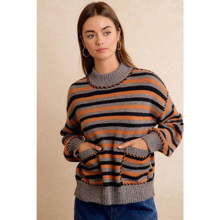 Coraline Striped Sweater - Gray, Orange, Black