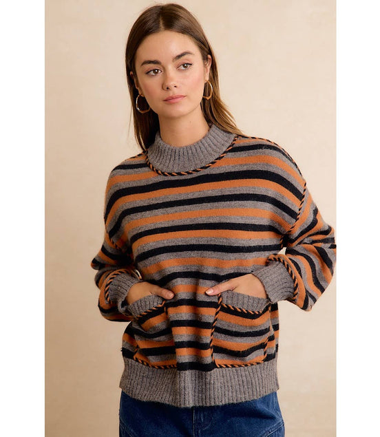Coraline Striped Sweater - Gray, Orange, Black