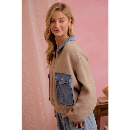 Oat Latte Knit and Denim Zip-Up