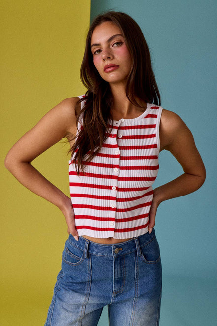 Cherry Tank - Striped Ribbed Button Front Tank