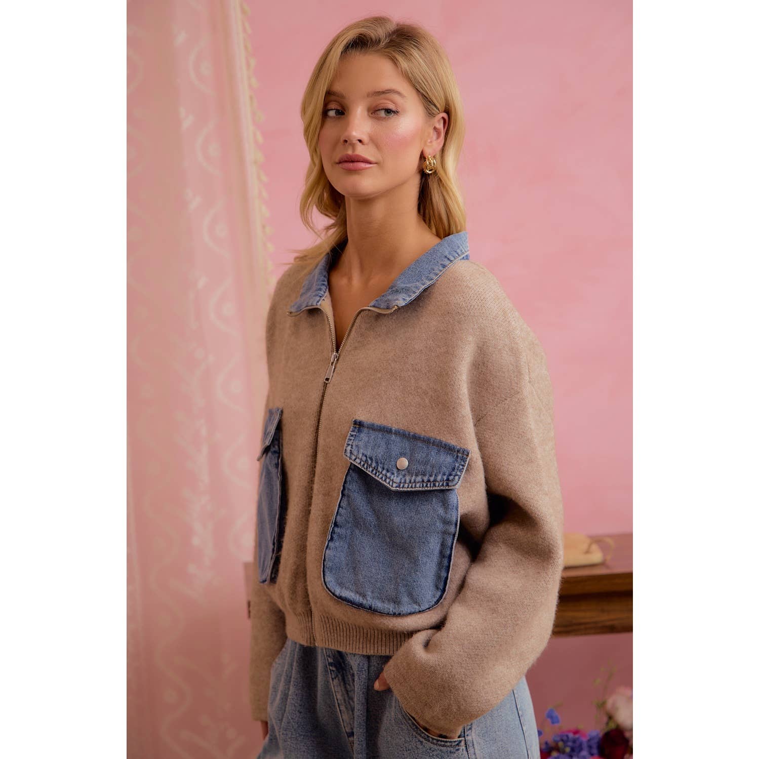 Oat Latte Knit and Denim Zip-Up