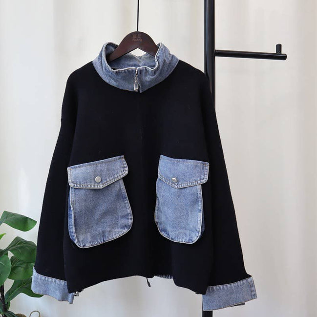 Kaitlyn - Cotton Denim Knit Zip-up Cardigan