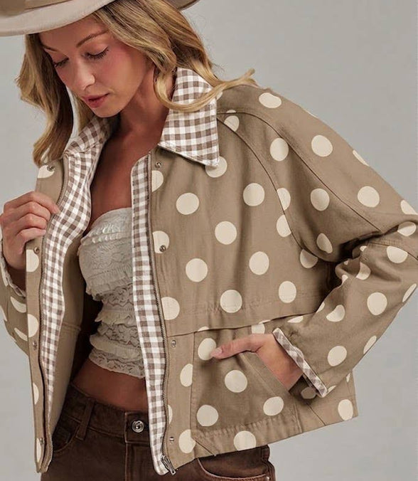 Oxford Polka Dot and Gingham Canvas Cropped Barn Jacket