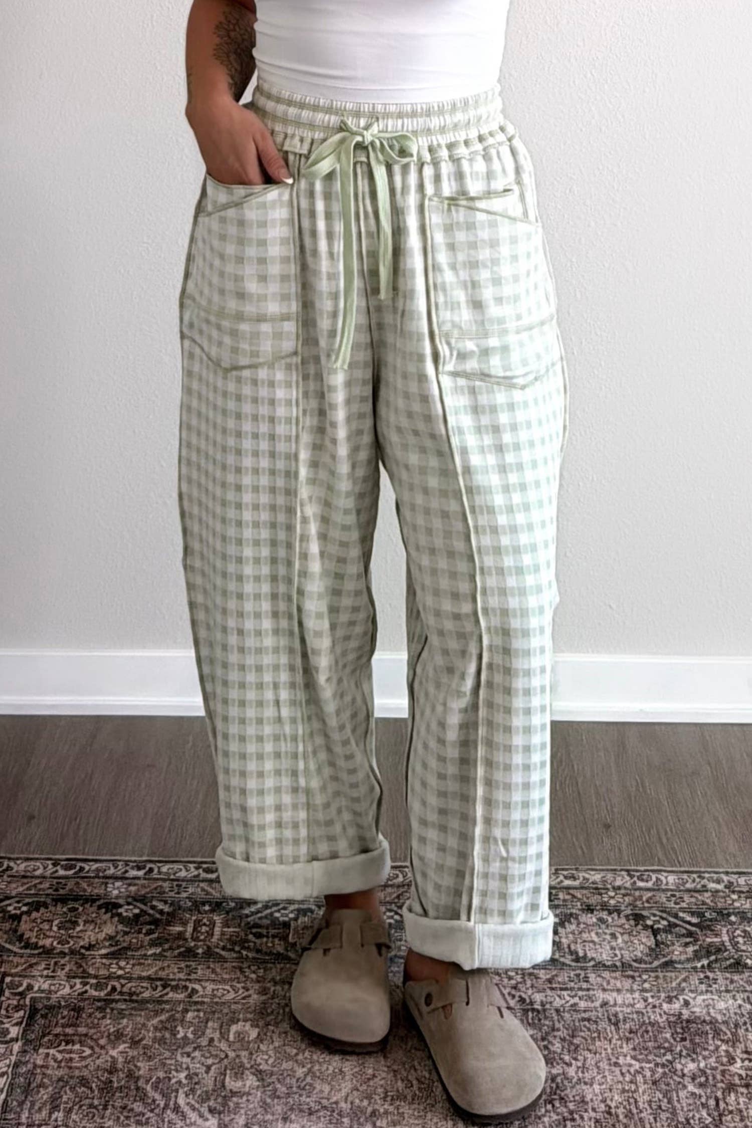 Claire Plaid Full-Length Lounge Barrel Pants