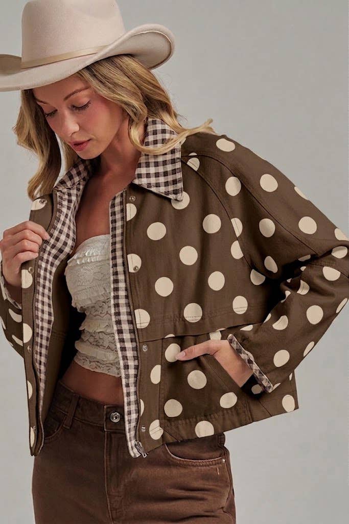 Oxford Polka Dot and Gingham Canvas Cropped Barn Jacket