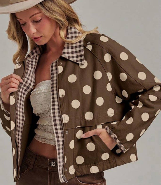 Oxford Polka Dot and Gingham Canvas Cropped Barn Jacket