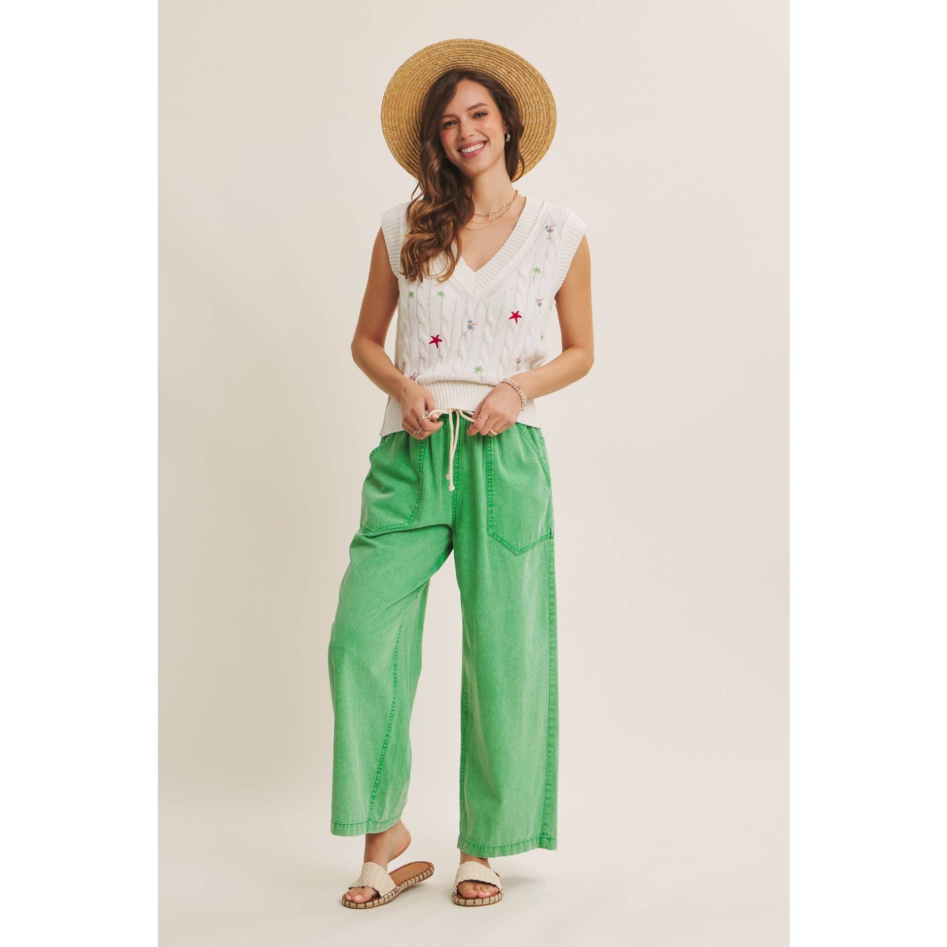 Kelly - Green Wide Leg Cotton Pants