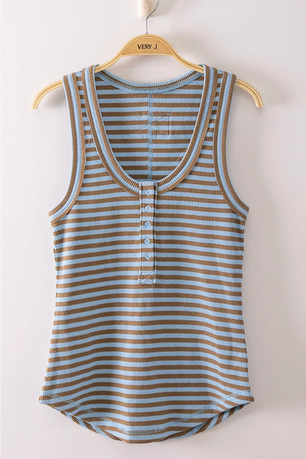 Beth - Striped Button Down Fitted Knit Tank Top