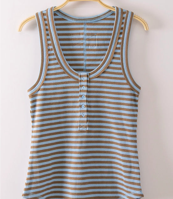 Beth - Striped Button Down Fitted Knit Tank Top